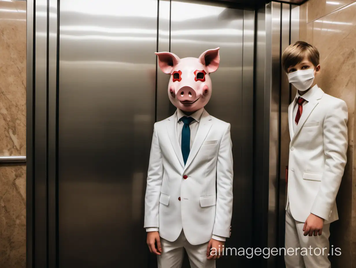 Elegant-Boy-in-White-Suit-Encounters-Person-in-Pig-Mask-in-Elevator