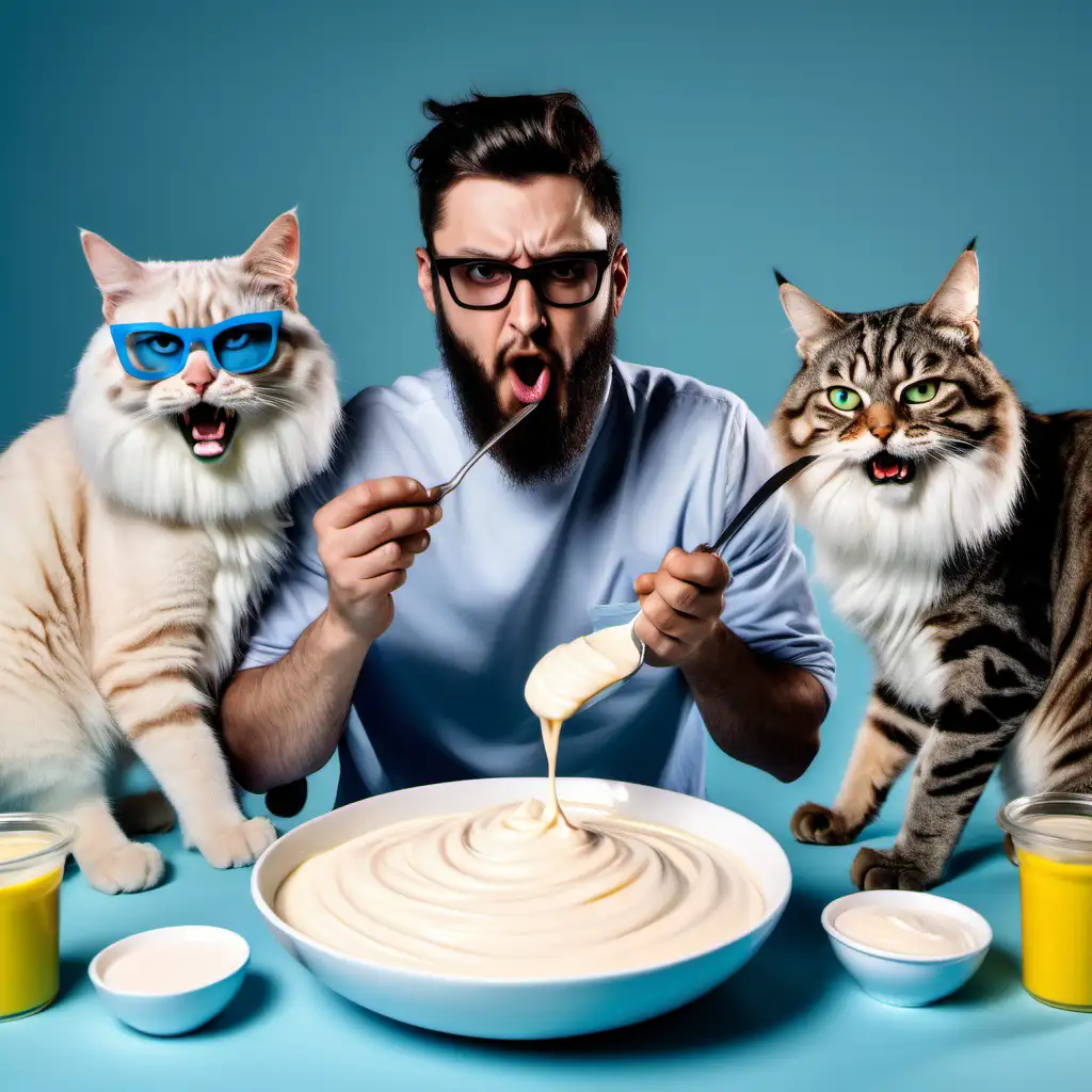 Brunette man with beard and glasses eating mayonnaise with two angry cats, pool of mayonnaise,  mayonnaise decorations, mayonnaise clothes, glasses