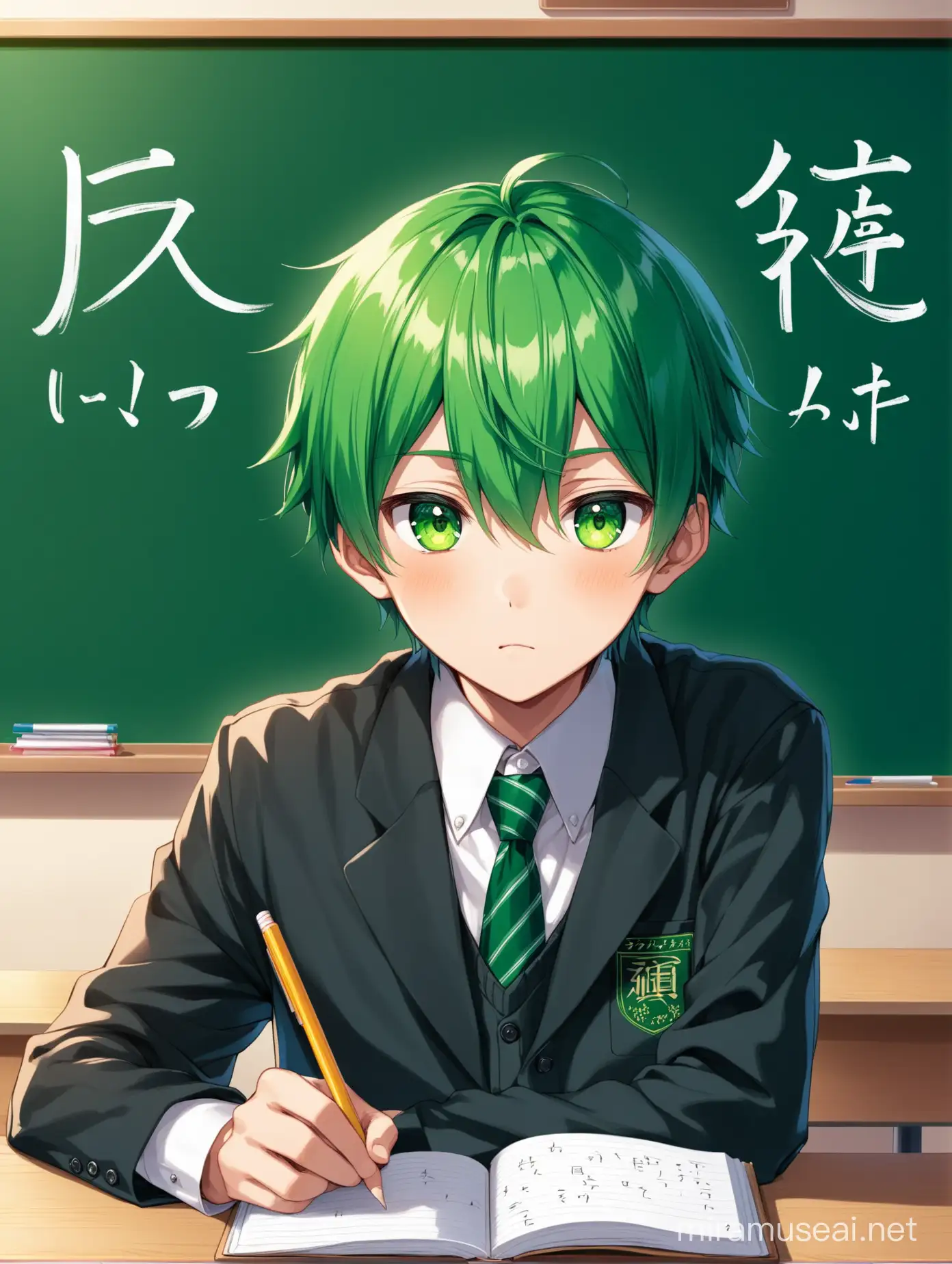 teenage boy. With bad boy green hair cut. He wears a school uniform. He has a big green eyes. in school and sitting at a table, with a green blackboard in the background and the writing on it in Japanese.
