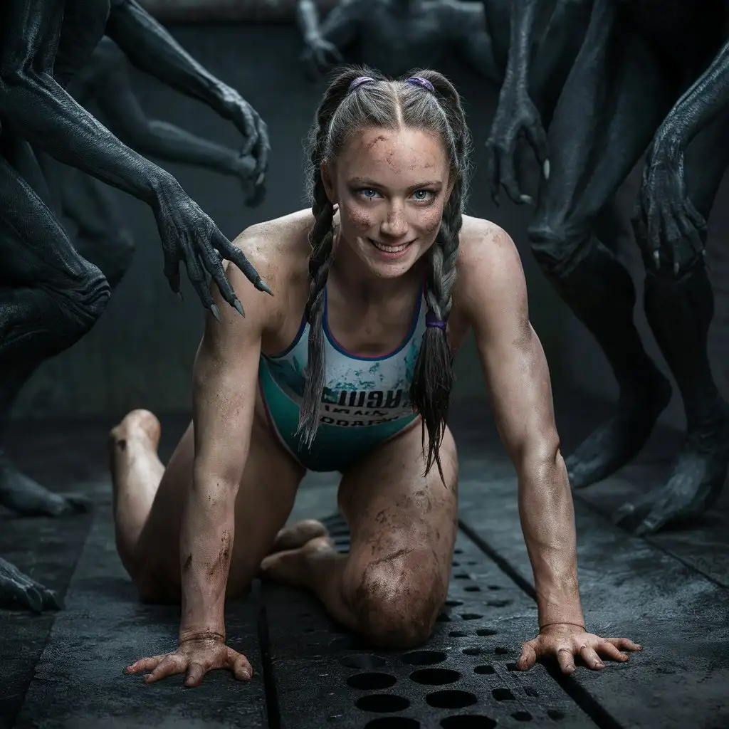 Beautiful Nordic woman with long hair wearing dirty high-leg-cut competition one-piece-swimsuit, smeared with mud, crawling on all four, in a dirty drain, shy smile, aliens grabbing her, photo realistic