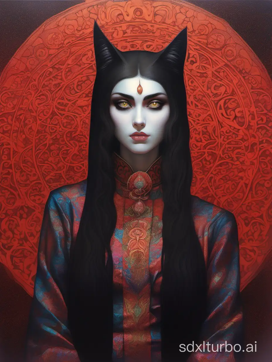 persian gajar lady, woman with her sleepparalysis demoncat, long sleek hair, beautiful and judgmental, cat-treats paradise, artcollage, artsy, evocative, quirky, gradients, colorful-light, detailed face, detailed, art by Franz Stuck, art by Sungmoo Heo, art by Grace Aldrich, art by Tom Bagshaw, art by Aykut Aydogdu, Yuri Shwedoff,