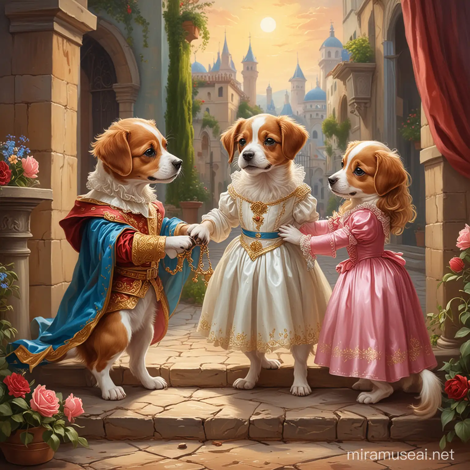 oil painting vintage cartoon puppies play the roles of Romeo(with a prince outfit) and Juliet(with a princess dress).