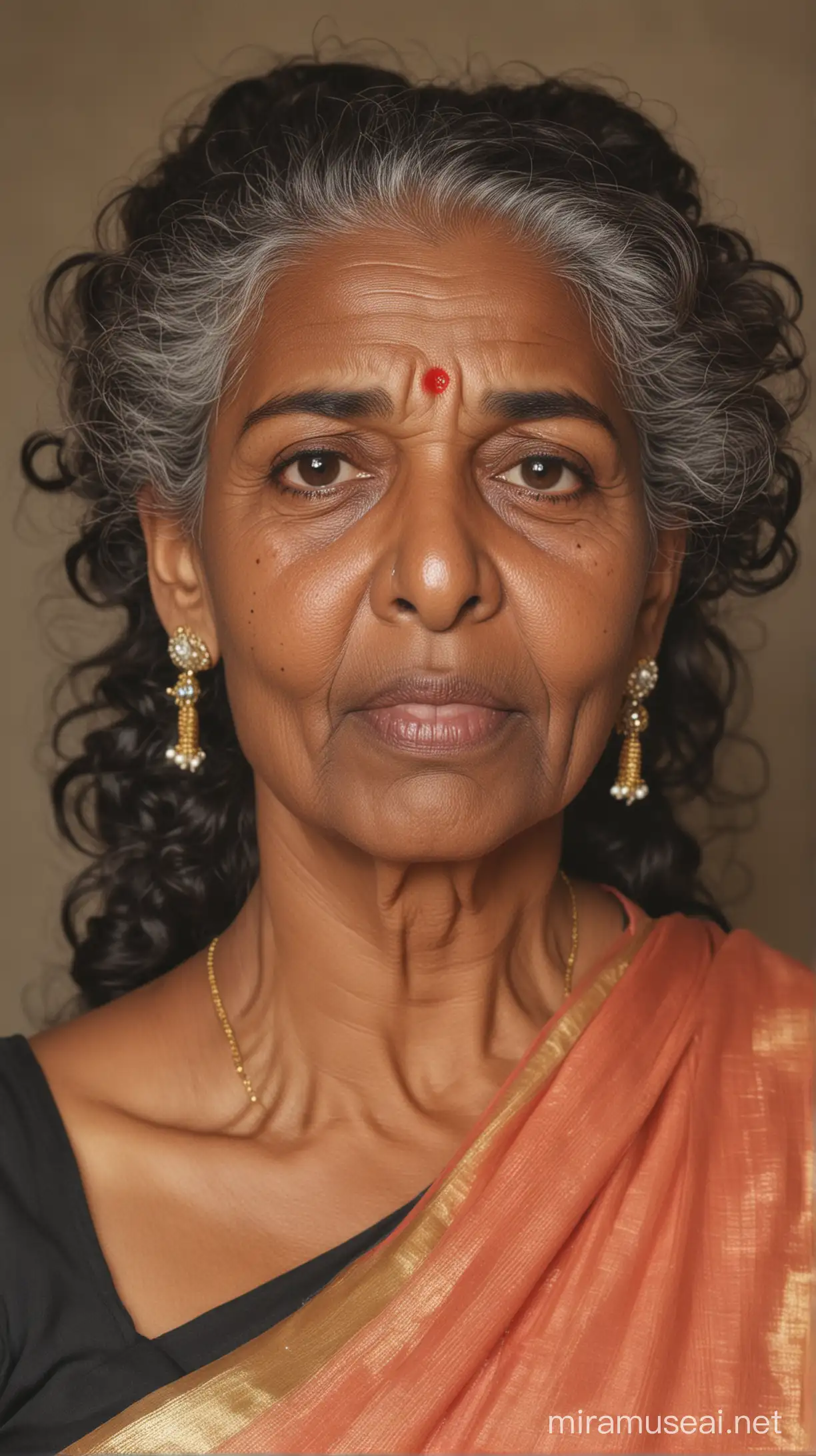 A 88 year old black fat woman with small eyes, small nose, weak chin, wide lips and long curly hair with a bun at back wearing a Saree