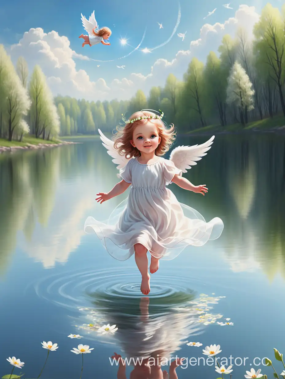 A beautiful little angel is flying in the sky. Clear, day, lake, spring