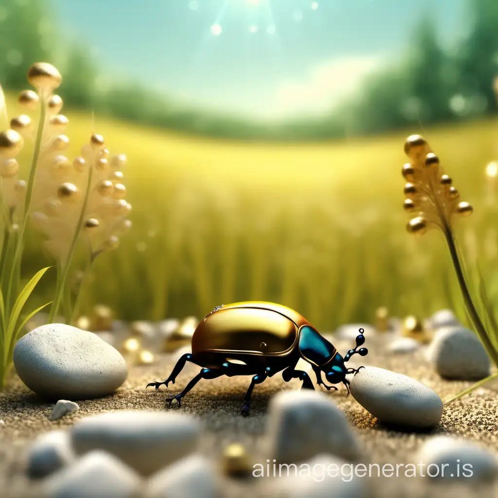 Fairy tale style. A very small golden cartoon beetle is pushing small stones. In the background is a beautiful meadow. The time was noon. Hyper-real. aspect ratio 16:9