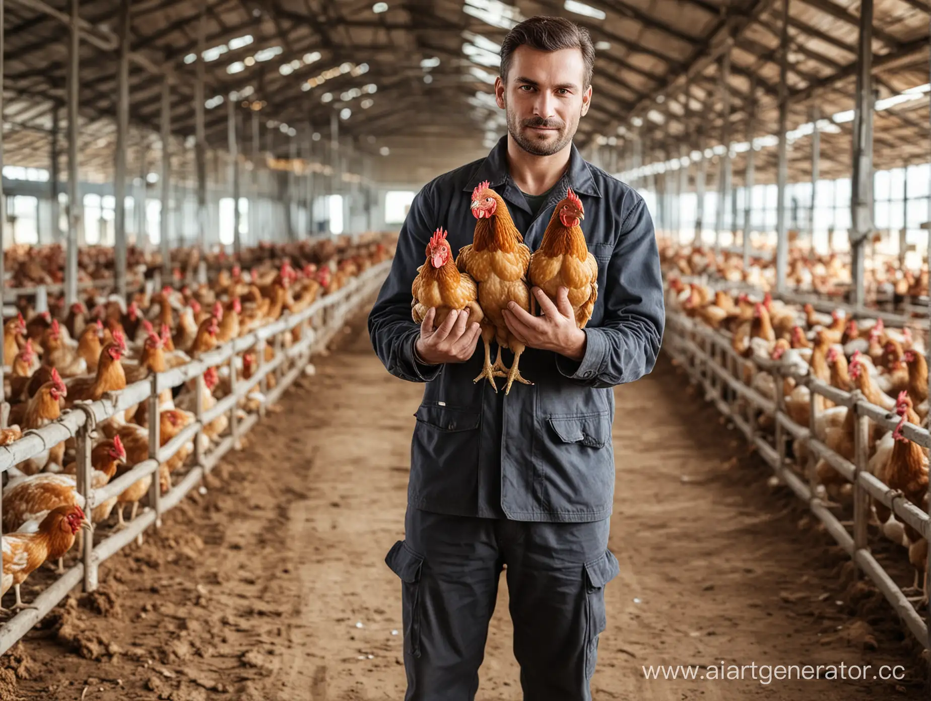 мужчина рабочий на птицефабрике держит курицу на руках, правильные пропорции и расположение рук