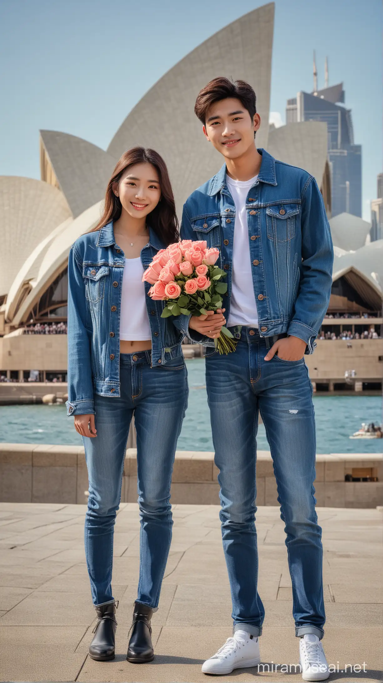 seorang gadis cantik korea & laki-laki tampan korea 20 tahun, Berdiri saling membelakangi di depan gedung operasi Sidney mereka mengenakan jaket jeans & celana jeans, mereka bahagia, gadis itu memegang bunga mawar , anak laki-laki yang memegang kamera profesional, ultra HDR extreme 