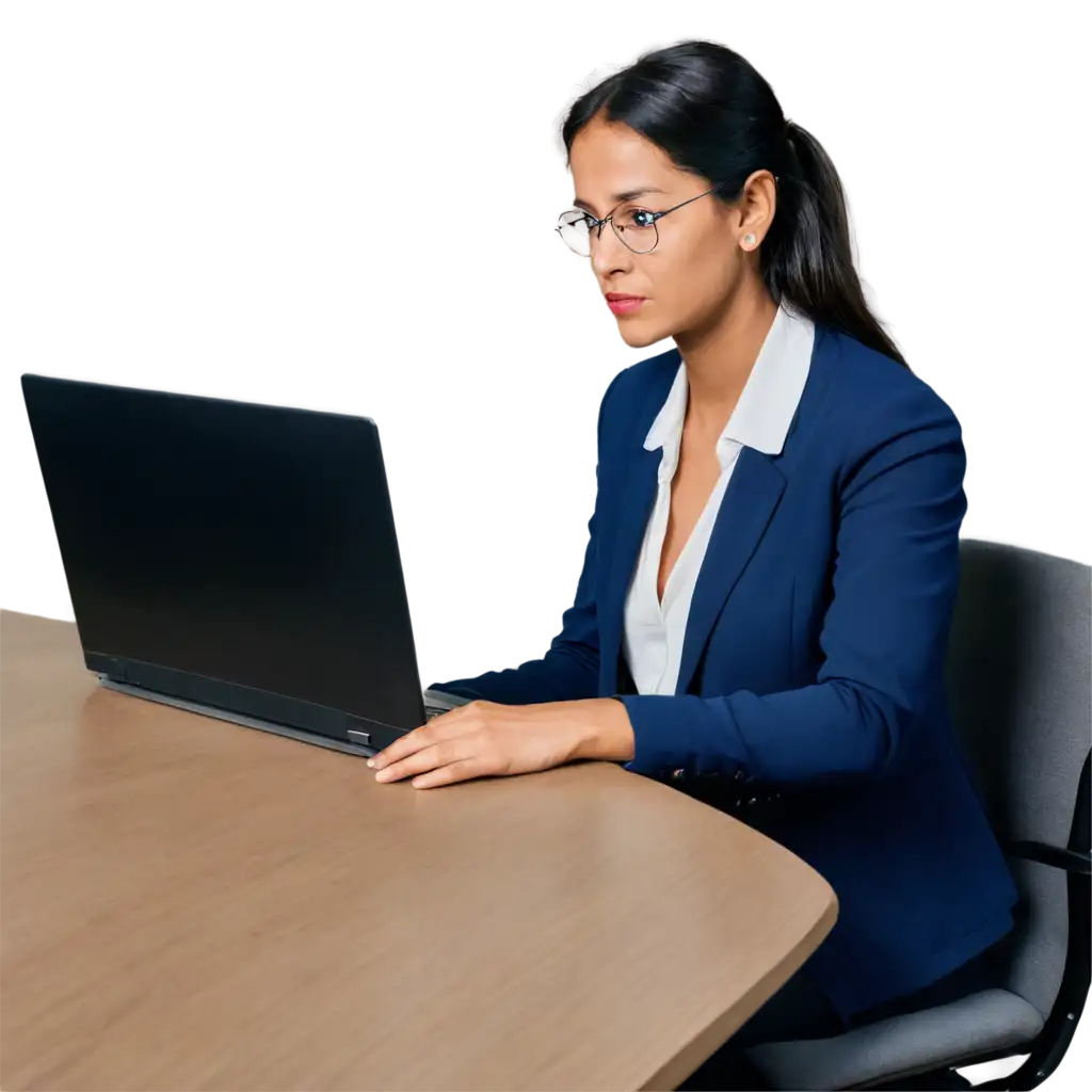 female university professor in deep consideration at a desk in front of a computer. Indian decent