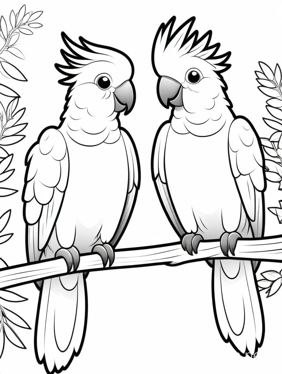 Cute cockatoos on a branch , Coloring Page, black and white, line art, white background, Simplicity, Ample White Space. The background of the coloring page is plain white to make it easy for young children to color within the lines. The outlines of all the subjects are easy to distinguish, making it simple for kids to color without too much difficulty