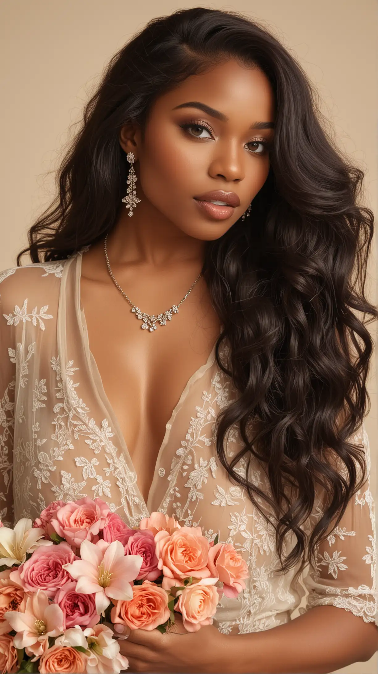 photoshoot with beige background of beautiful black woman, dressed nicely with sheer blouse, nice jewelry, beautiful big nude lips, makeup, long wavy hair, with captivating eyes and a passionate expression, holding a big bouquet of flowers to her chest, ultra-realistic --ar 3:2 --style raw --v 6, 0