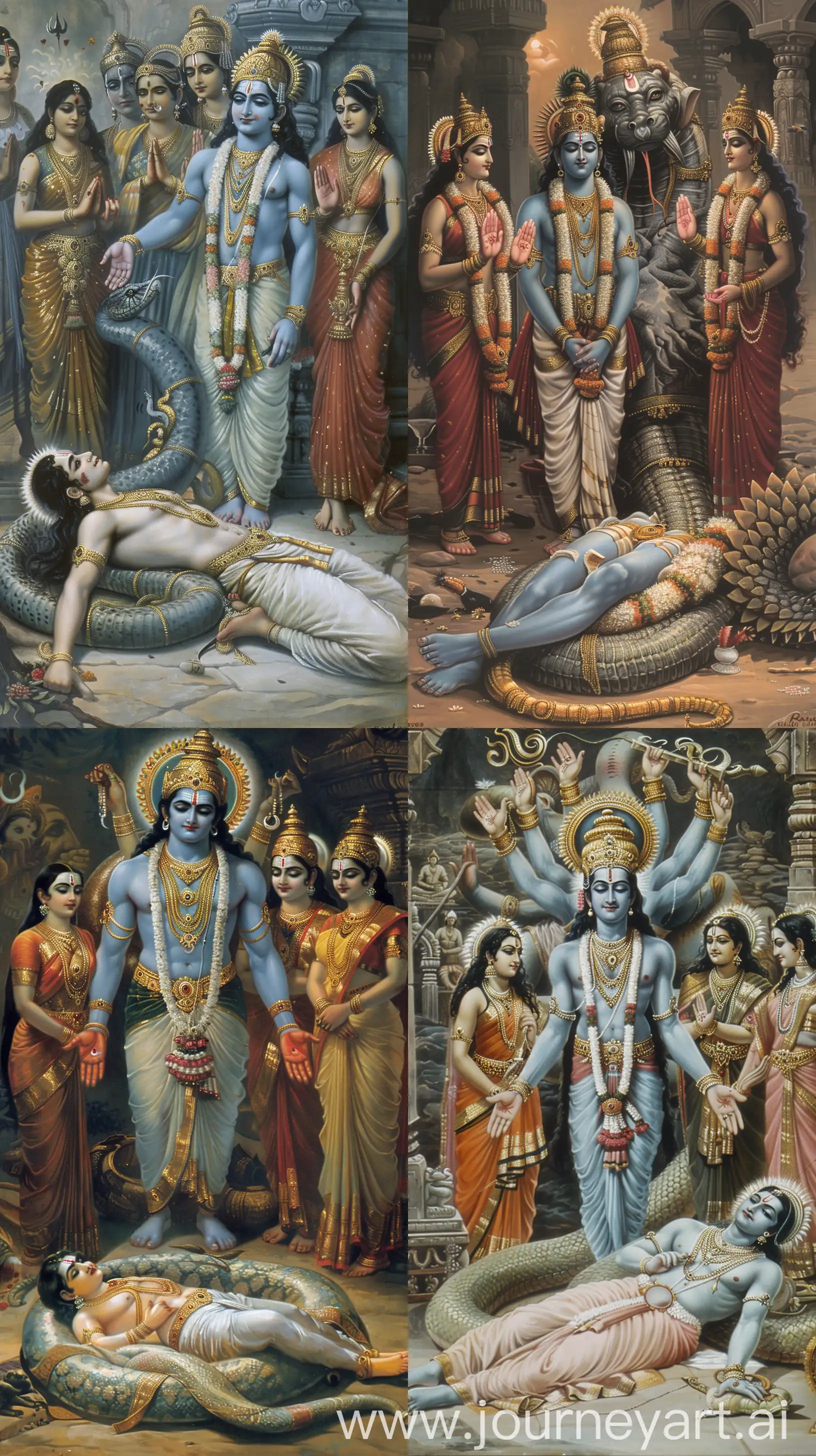 Raj Ravi Varma art style depiction of ancient Hindu deities standing with their hands joined in front of Lord Vishnu who's resting on a big five headed serpent. Vishnu depicted as a man with light blue tanned body, black long hair, clean shaven, crowned, lying with his eyes closed, a goddess stated besides him, intricate details 8k image --ar 9:16 --v 6