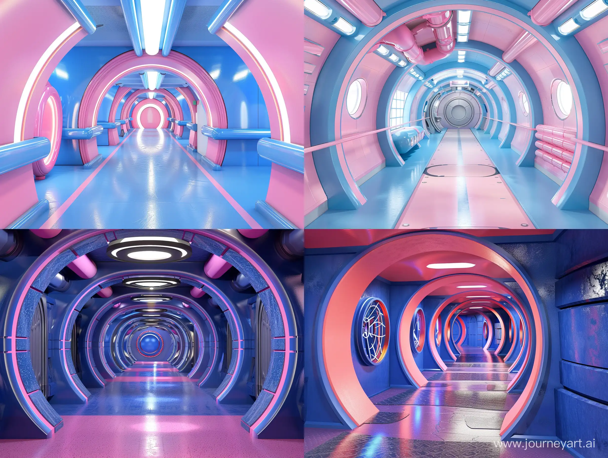 3d rendering tunnel spaceship blue and pink interior, corridor