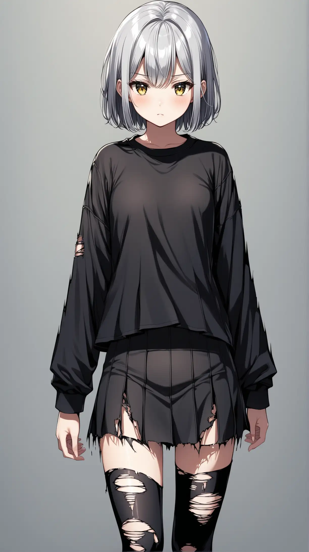 Edgy High School Girl with Silver Hair and Torn Leggings in Dark Attire