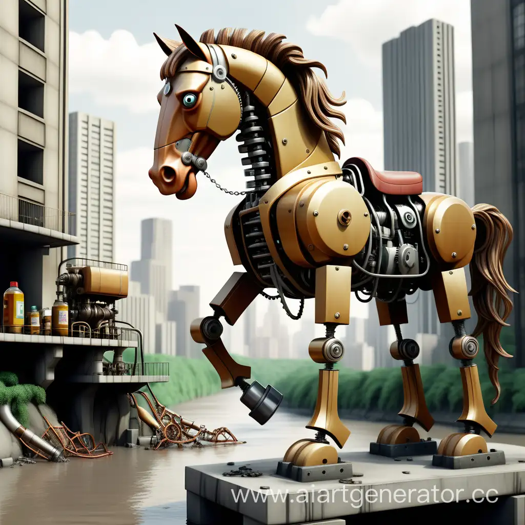 механическая лошадь стоит на фоне бетонных джунглей мегаполиса, пьет из реки машинного масла.