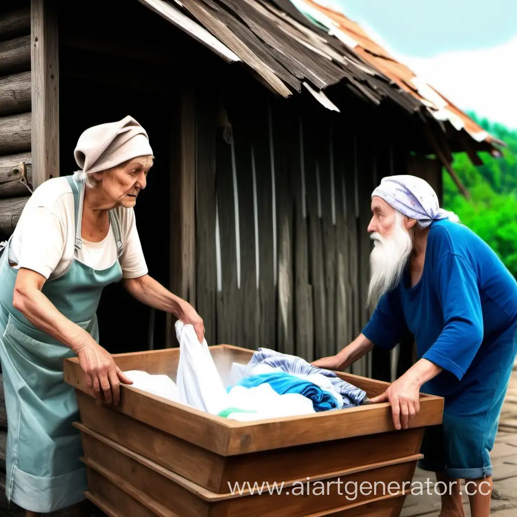 Ворчливая старуха стирает одежду в деревянном корыте и разговаривает с бедным стариком, у которого белая борода и шапка на голове, на фоне изображения бедная деревянная землянка, дневное время суток