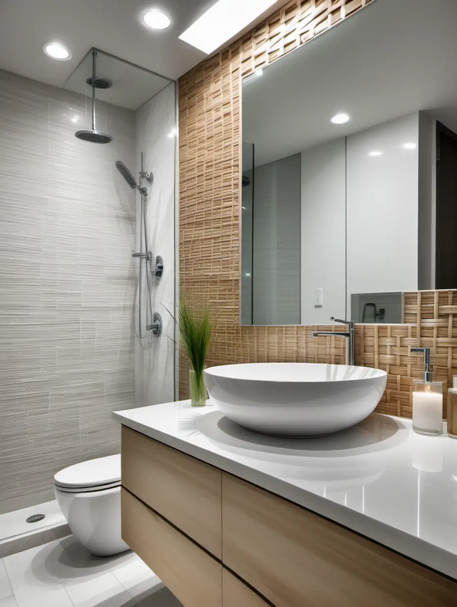 Editorial style photograph of bathroom with woven bamboo back splash and white vanity with glass shower   8k resolution