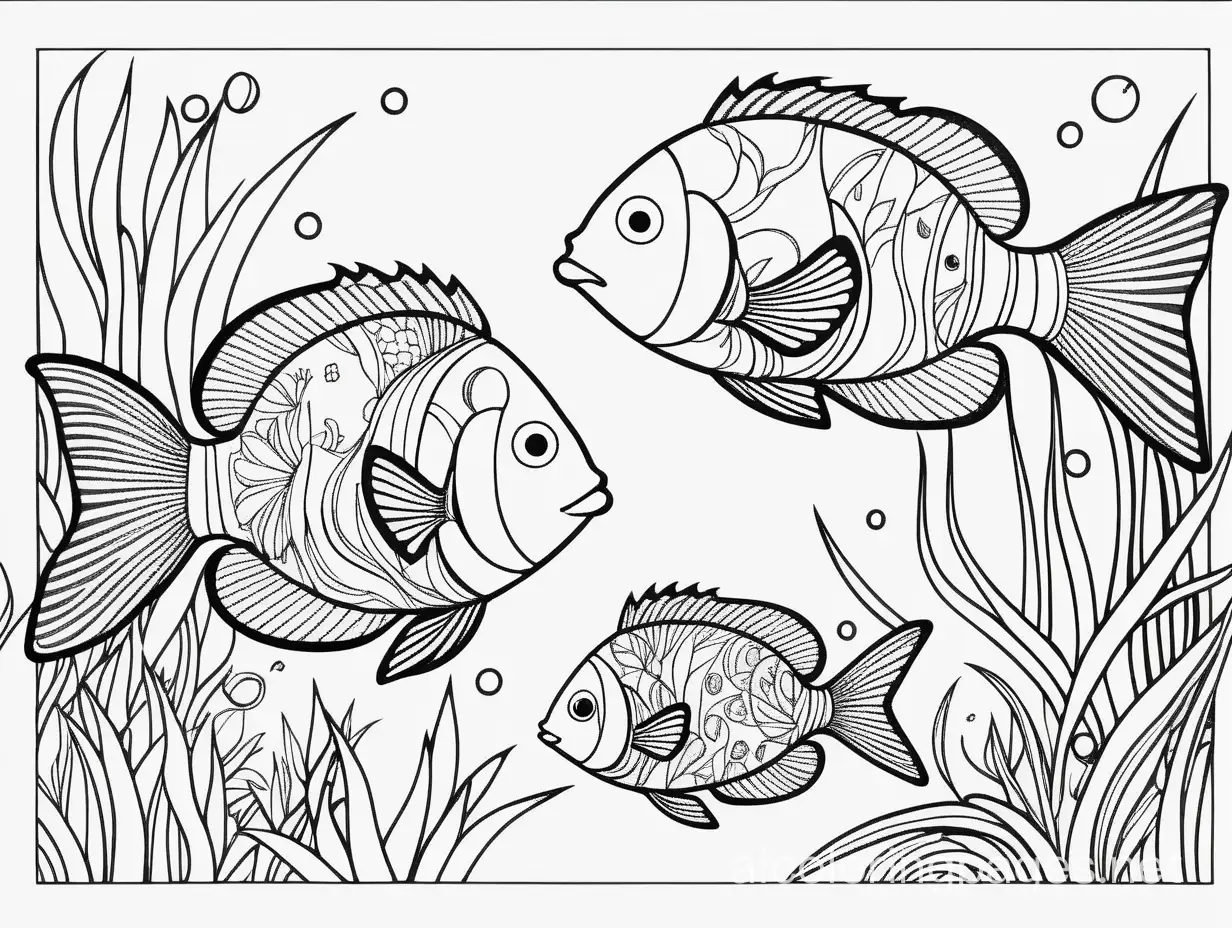 Tropical fish in  rich patchwork by Meghan Duncanson and Jennifer Lommers and Didier Lourenço, Coloring Page, black and white, line art, white background, Simplicity, Ample White Space. The background of the coloring page is plain white to make it easy for young children to color within the lines. The outlines of all the subjects are easy to distinguish, making it simple for kids to color without too much difficulty