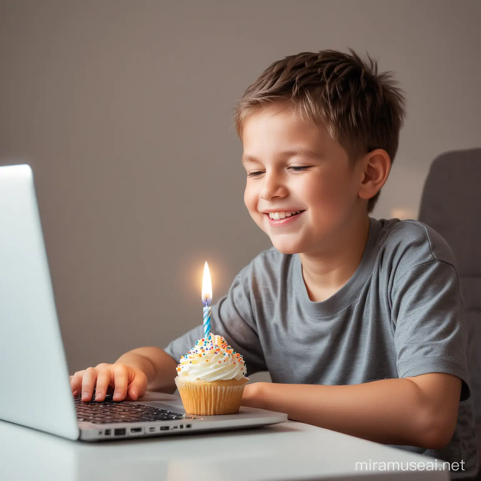 a little programmer(software engineer) boy simple celebrating him birthday alone infront of his laptop with small birthday cup cake and candle 