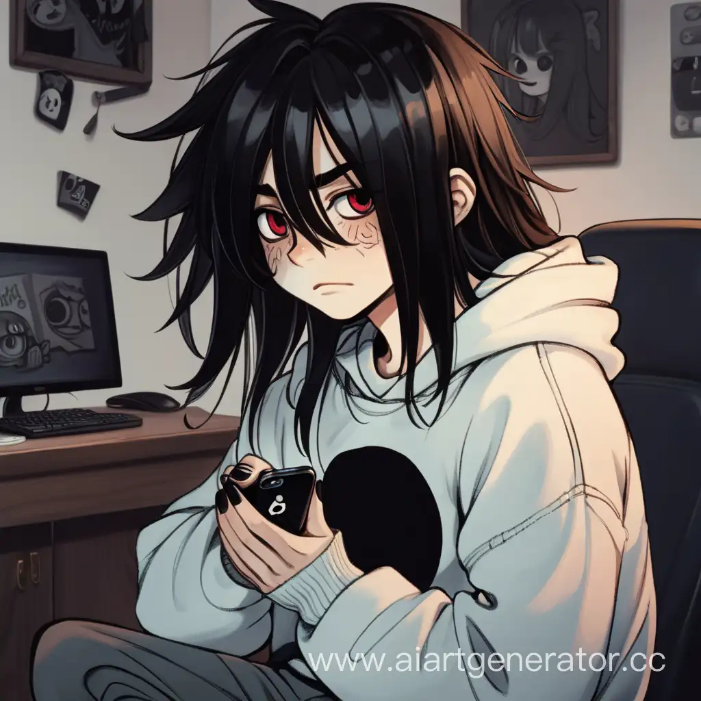 1 boy long dark disheveled hair, cartoon character relaxed bags under his eyes with a white sweater, painted black nails