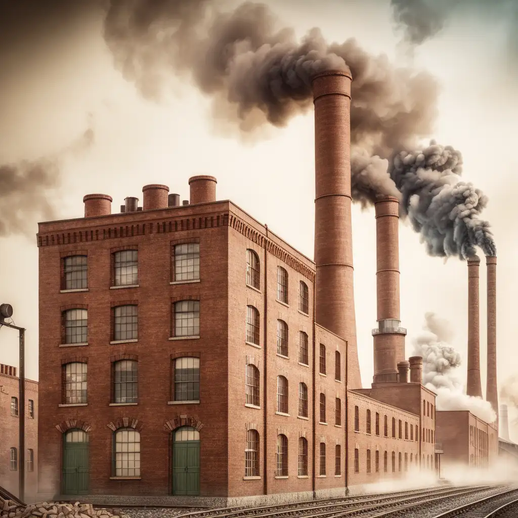 World war one factory, made of bricks with realistic buildings and smoke coming out of the chimney, retro and vintage style, make it look like a drawing 