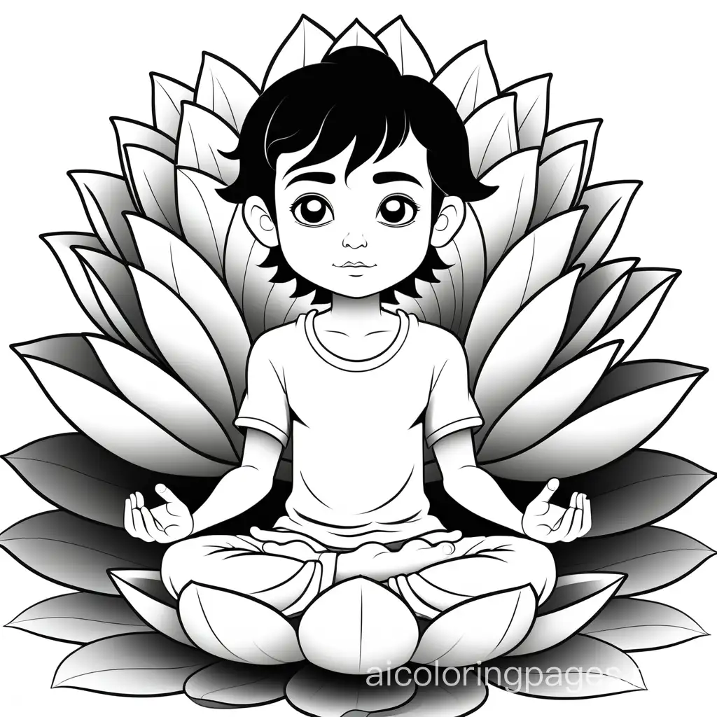 meditation kid in the lotus flower, Coloring Page, black and white, line art, white background, Simplicity, Ample White Space. The background of the coloring page is plain white to make it easy for young children to color within the lines. The outlines of all the subjects are easy to distinguish, making it simple for kids to color without too much difficulty