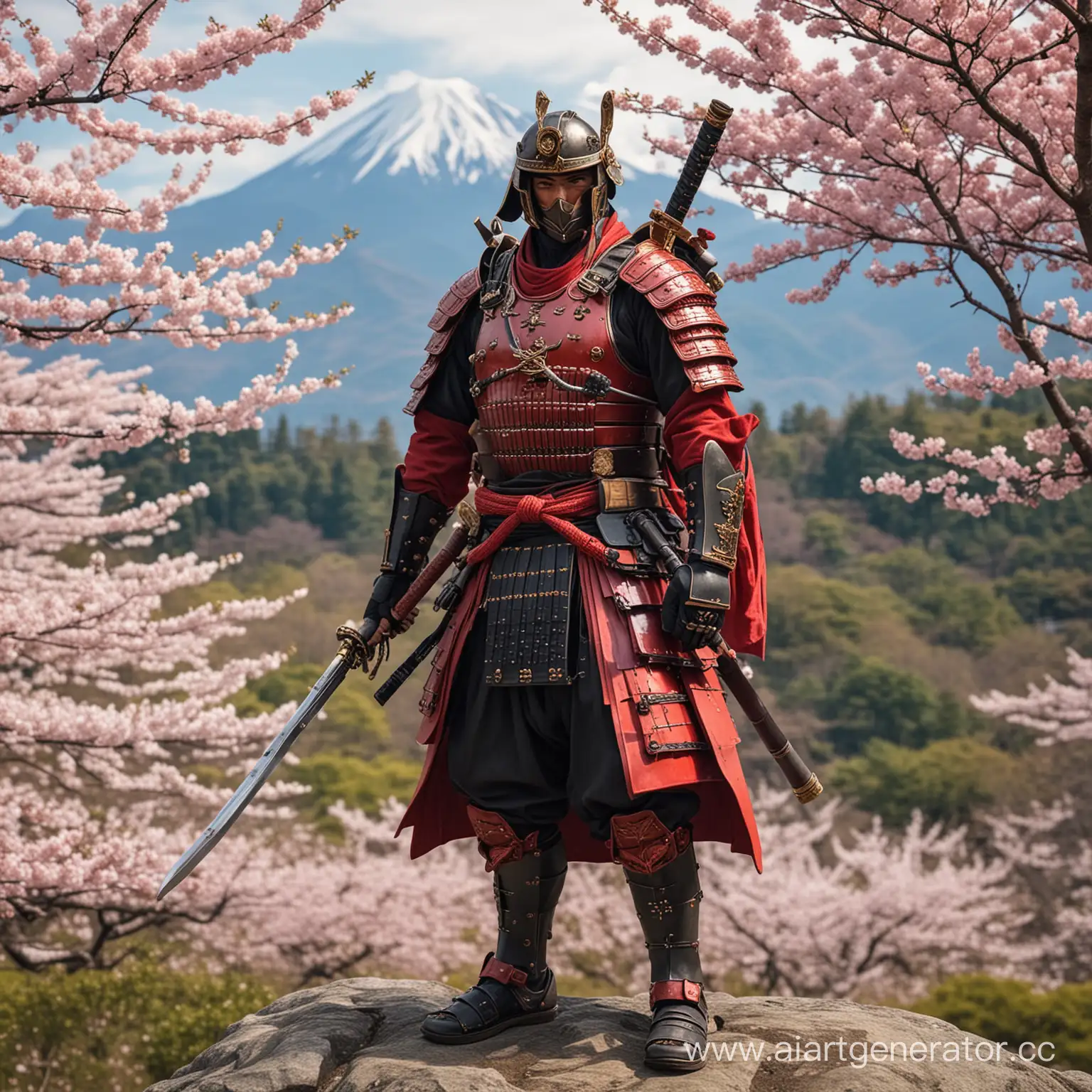 Самурай стоит в красной самурайской броне, в руке маузер, на фоне сакура и гора японская
