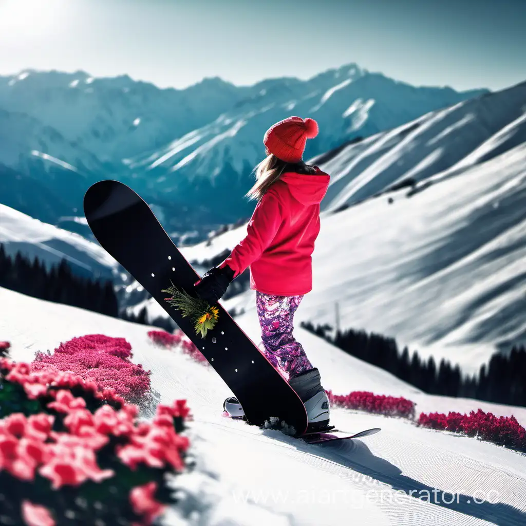 Girl with snowboard and flowers in the mountains
