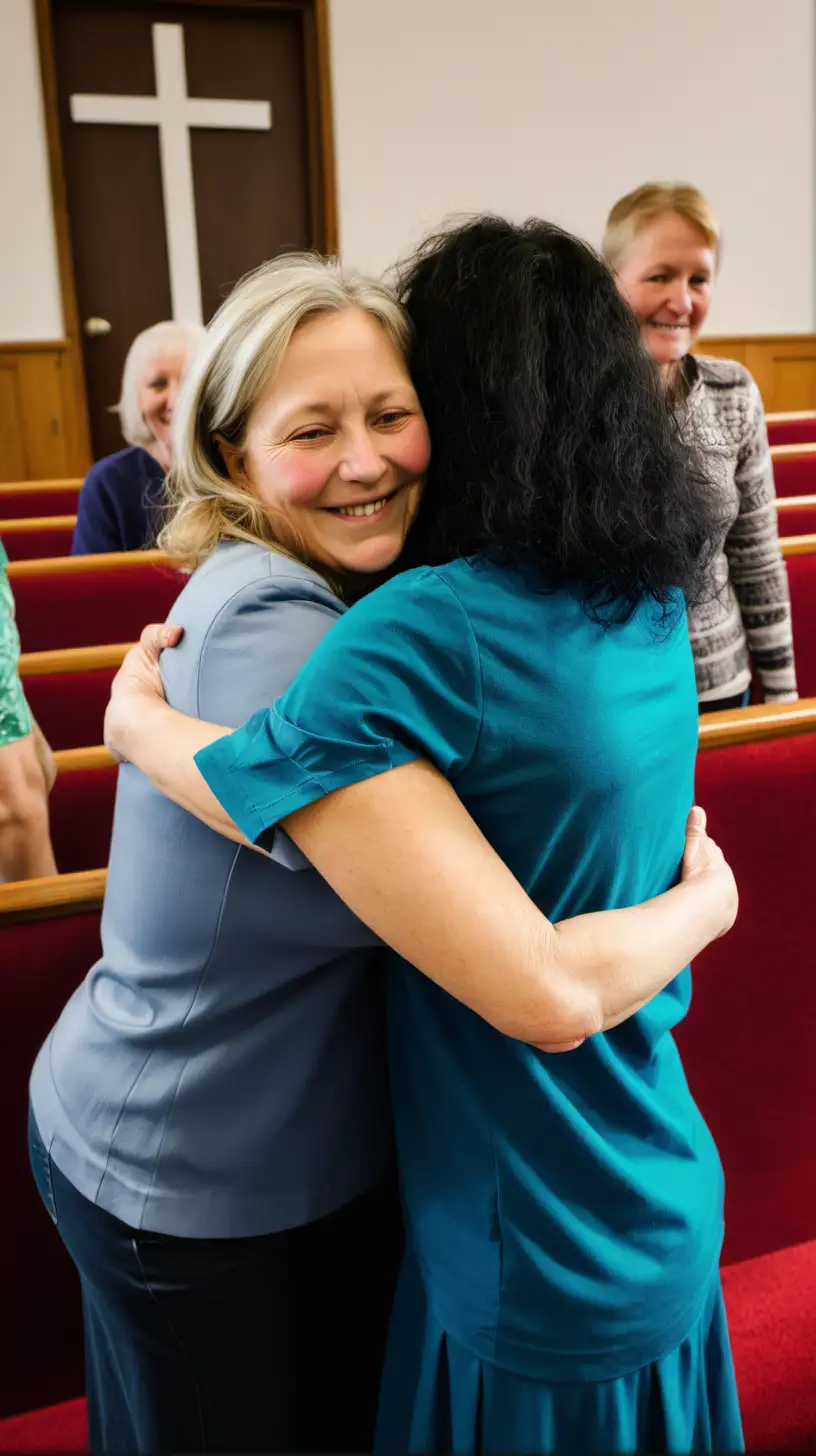 Image of Margaret, 42 year old, a woman of faith, Margaret attending church, hugging friends