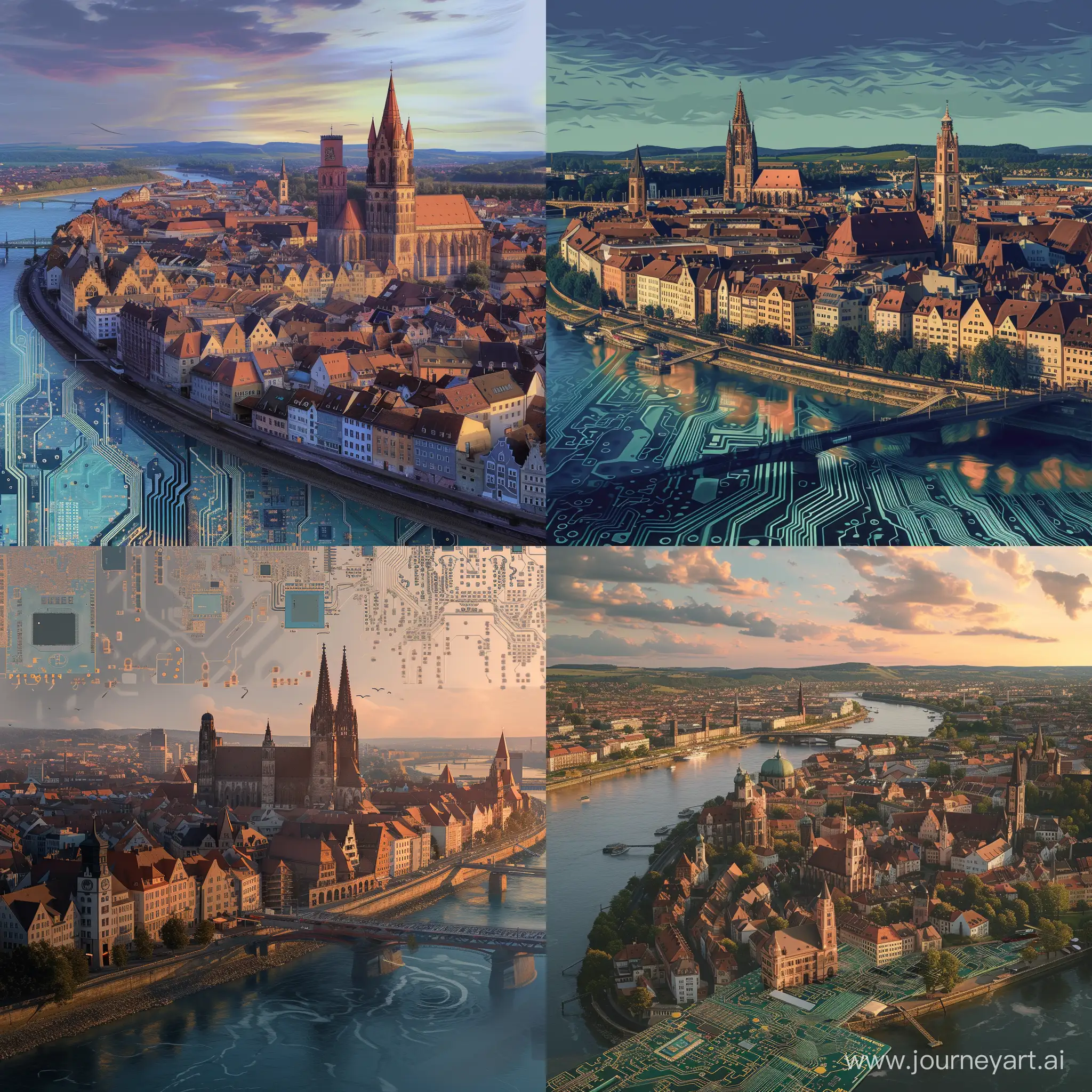 create an image of Regensburg including the skyline and Danube. It should be interwoven with a computerchip. Make it look photorealistic
