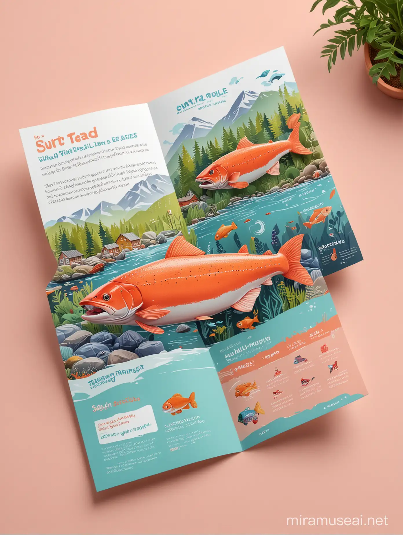kids, salmon tour brochure, trifold brochure, mobile app, user interface, figma, HQ, 4K, colorful, simple, cutout paper style, imagine