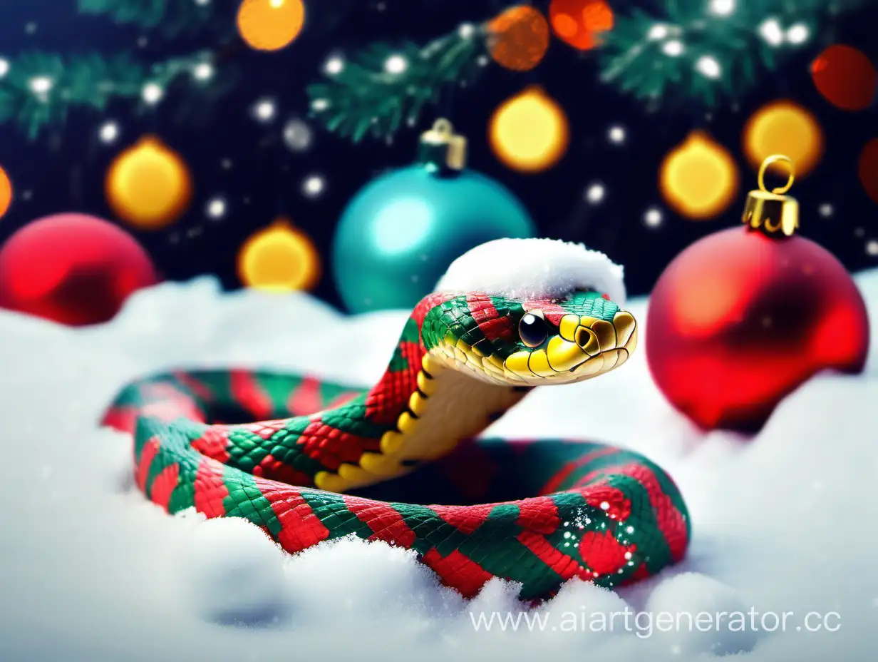 Small, kind, Christmas, bright, with patterns, positive, funny, cute, funny snake, in a New Year's hat, snow around, fir branches, garland, New Year's balls and gifts, looking to the side, high quality, detail, 4k