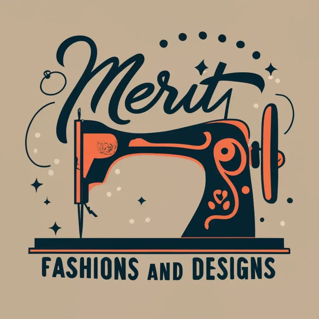 logo, Dress, Sewing machine, tailor, with the text "MERIT FASHIONS AND DESIGNS", typography. Use Comic Sans font and add a circle within the logo

