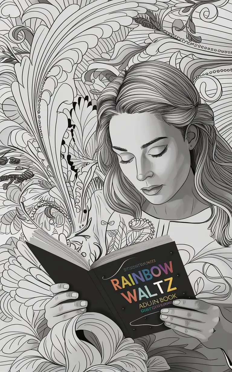 a high quality illustration of (a woman) doing the (rainbow waltz adult coloring book), bold medium outlines, delicate, intricate, black and white, detailed line art, adult coloring page, whimsical, fantasy, intricate patterns, hand-drawn style, adult coloring book illustration, monochrome, grayscale, high contrast, fine tip pen style, mindfulness coloring, relaxing activity