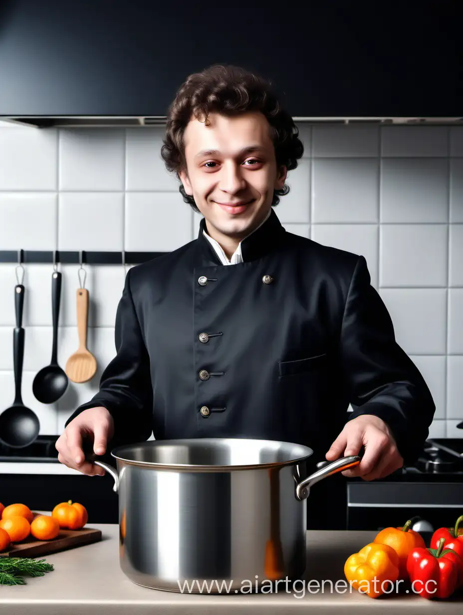 Smiling-Young-Pushkin-with-a-Steel-Saucepan-in-the-Kitchen