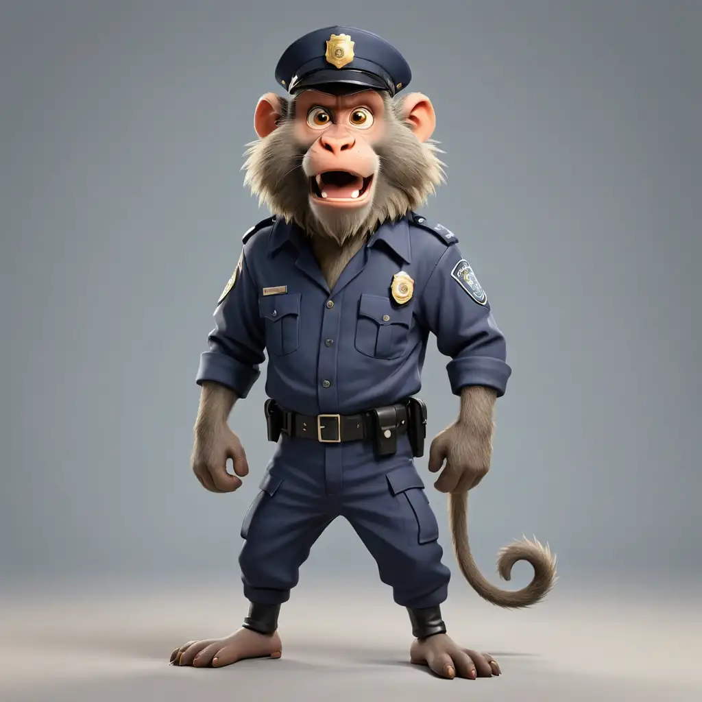 a funny Baboon in cartoon style in full body in Police clothes with clear background