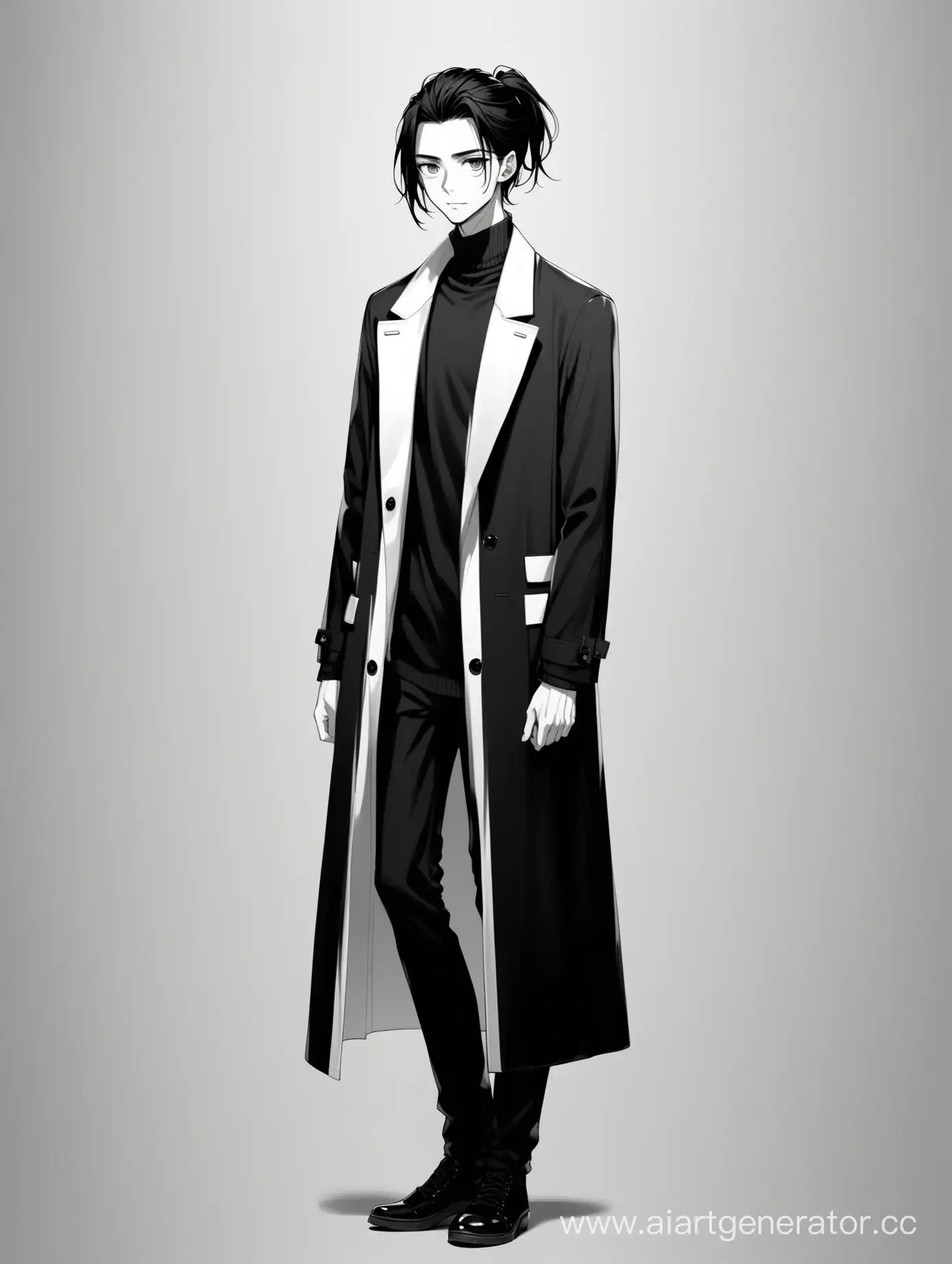 vtube model,skinny man, black long hair, black ponytail, no beard, cute, white eyes, black and white coat, full height