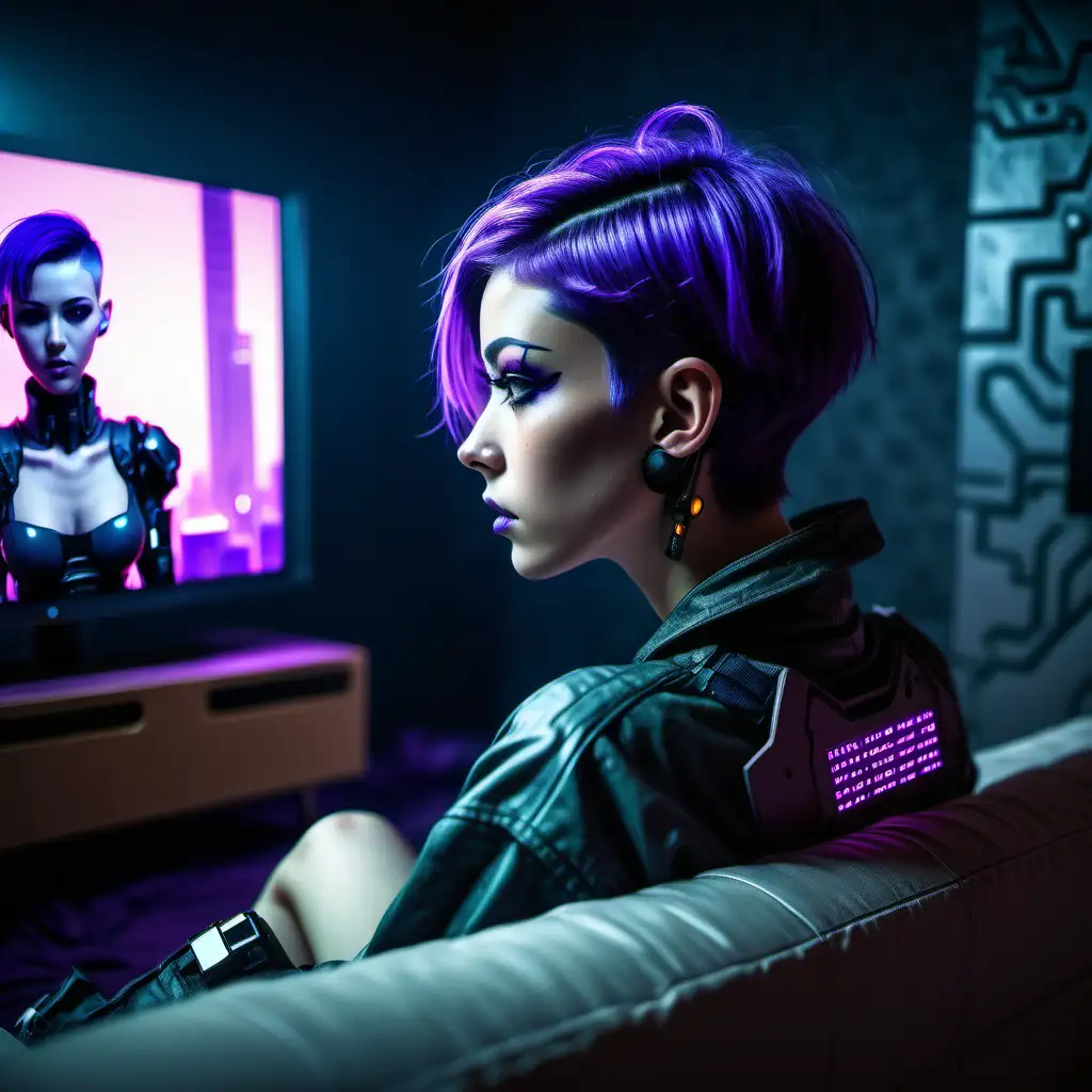 Create a cyberpunk girl with purple short hair who is watching tv, make the girl look at the tv screen