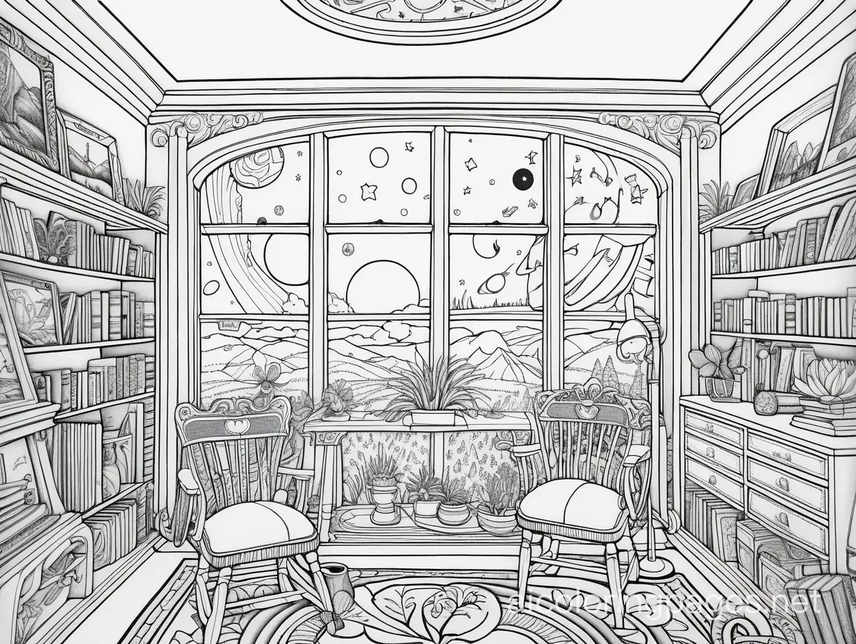 Psychedelic-Artists-Bedroom-Coloring-Page-for-Adults-Easel-Supplies-and-Scenic-Landscape