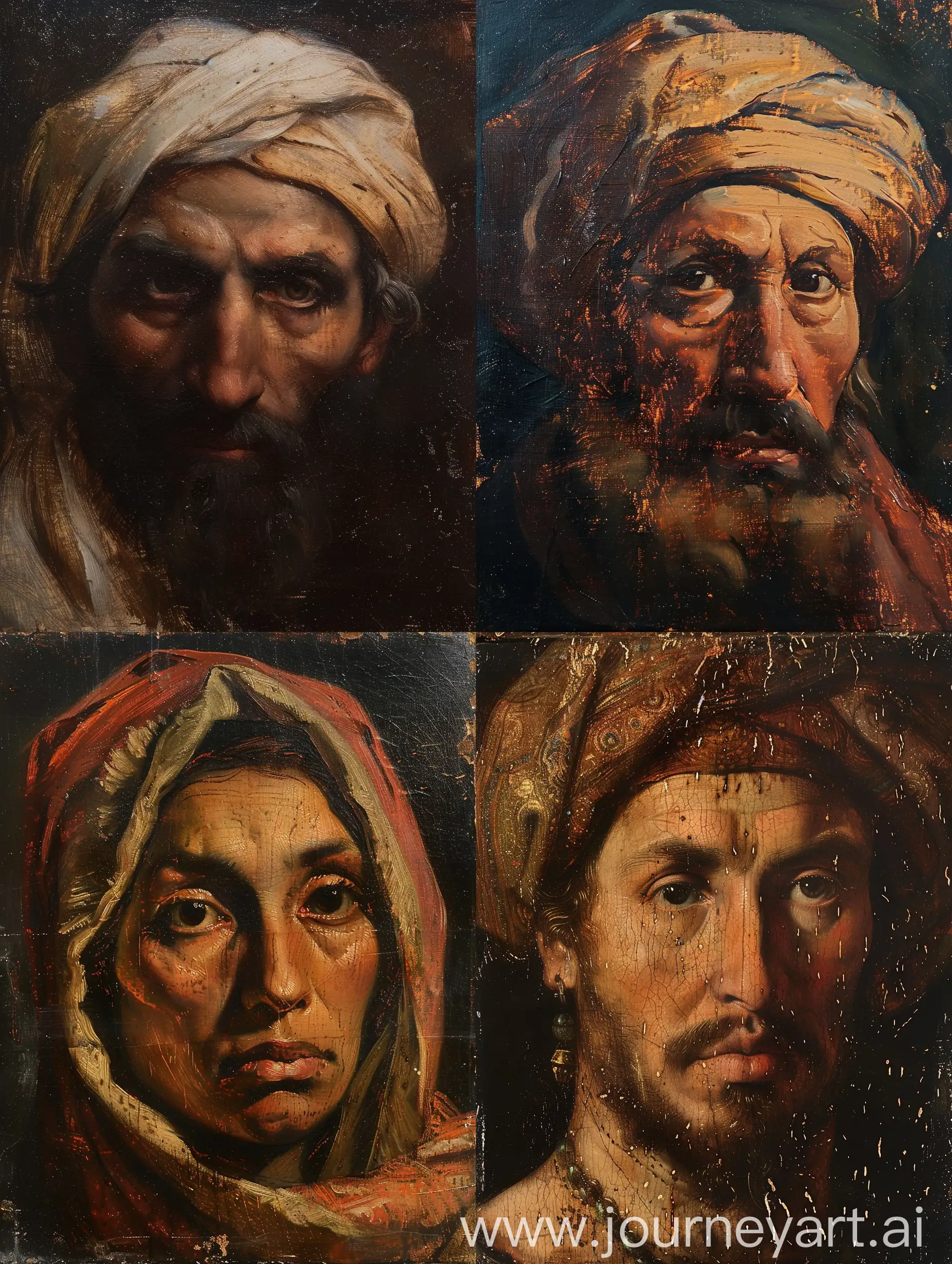 Seljuk Turkman. Asiatic face. Renaissance style, Leonardo Davinci style. Medieval oil painting.