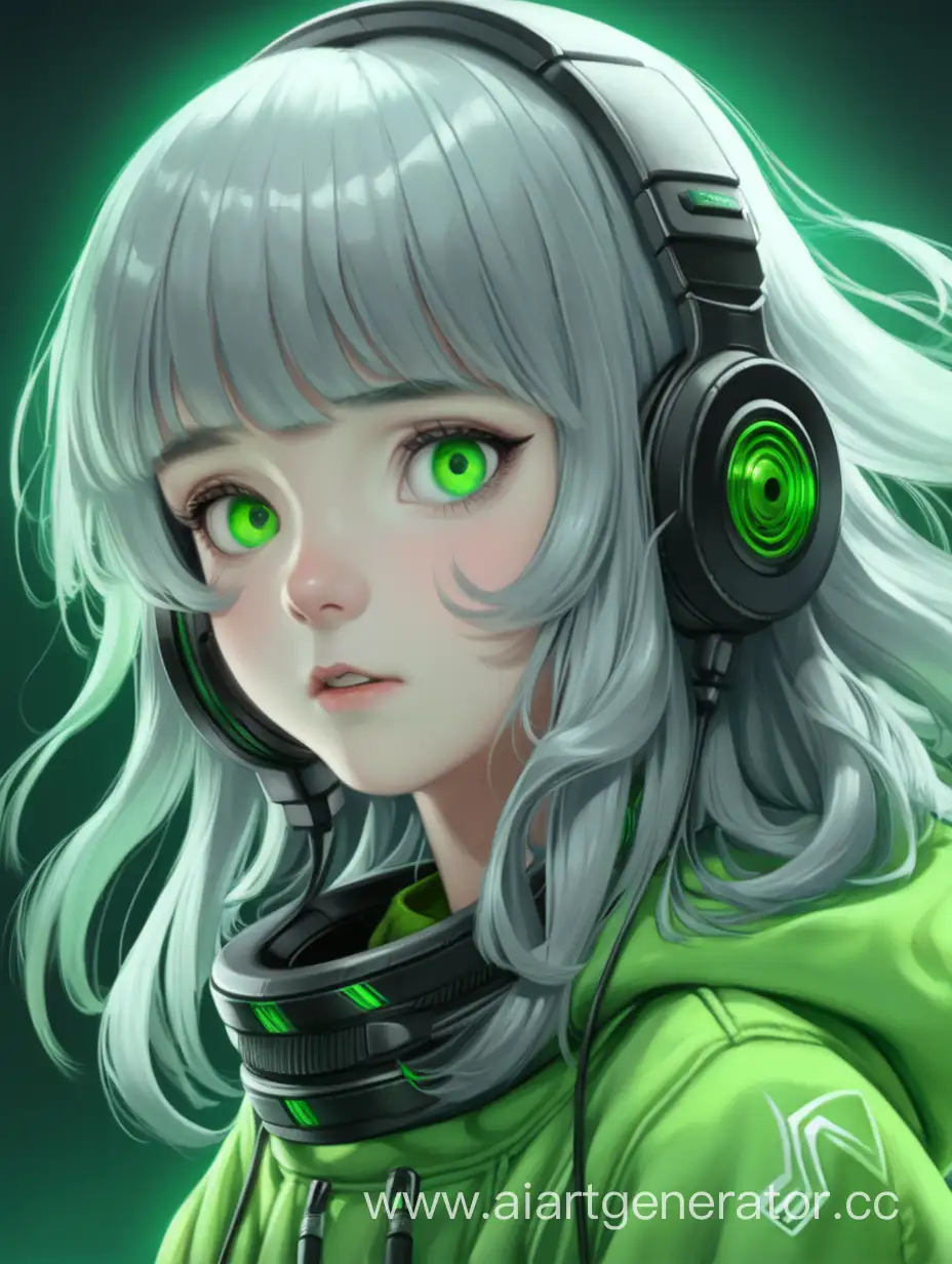 Девочка , серые волосы, зелёными глазами в зелёном одежде подопытного в симбиоте с монстром усилителем
