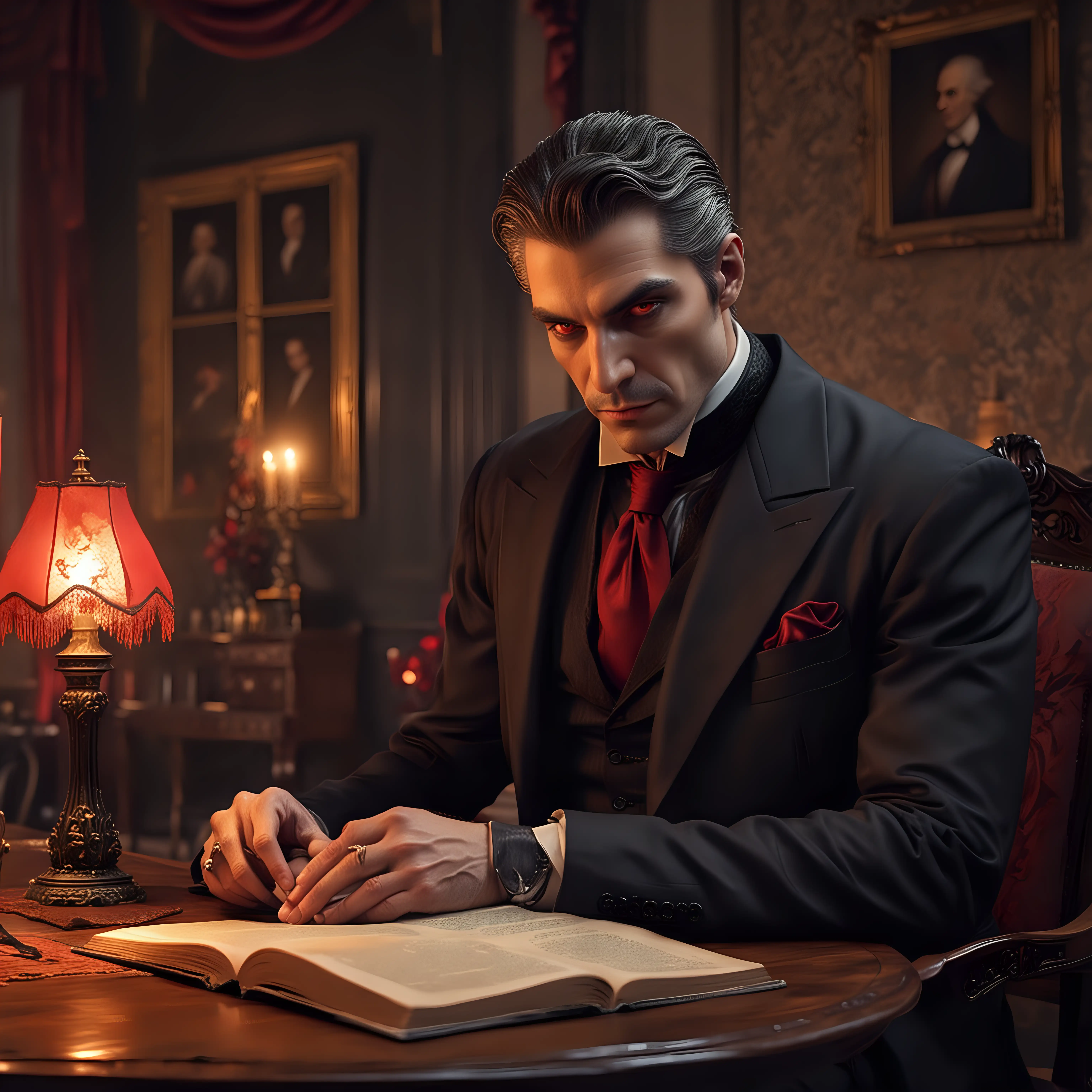 A male Lasombra vampire, sitting by a table, reading a book in a fancy room, wearing a suit, 50 years old, comb-over hair, red glowing eyes, realistic