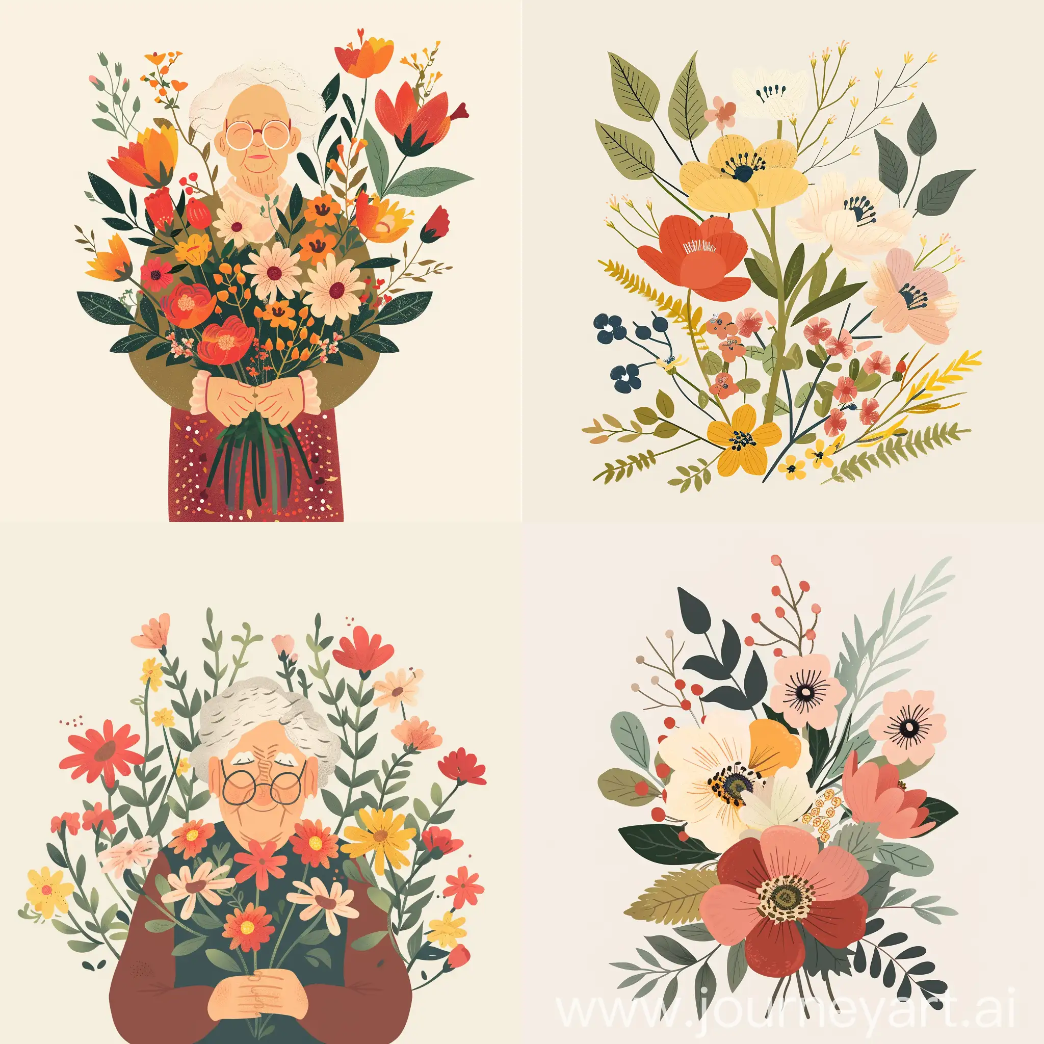 Maak een rouwkaart voor een oma die heel erg van bloemen houd. er mag veel kleur in zitten, niet te saai, maar wel met een minimalistische touch. Ze is te vroeg overleden.