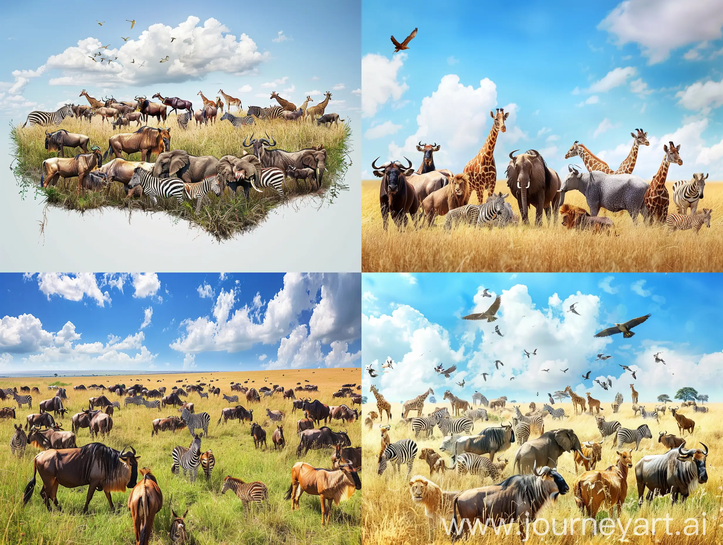 Large group of African safari animals composited together in a scene of the grasslands of Kenya