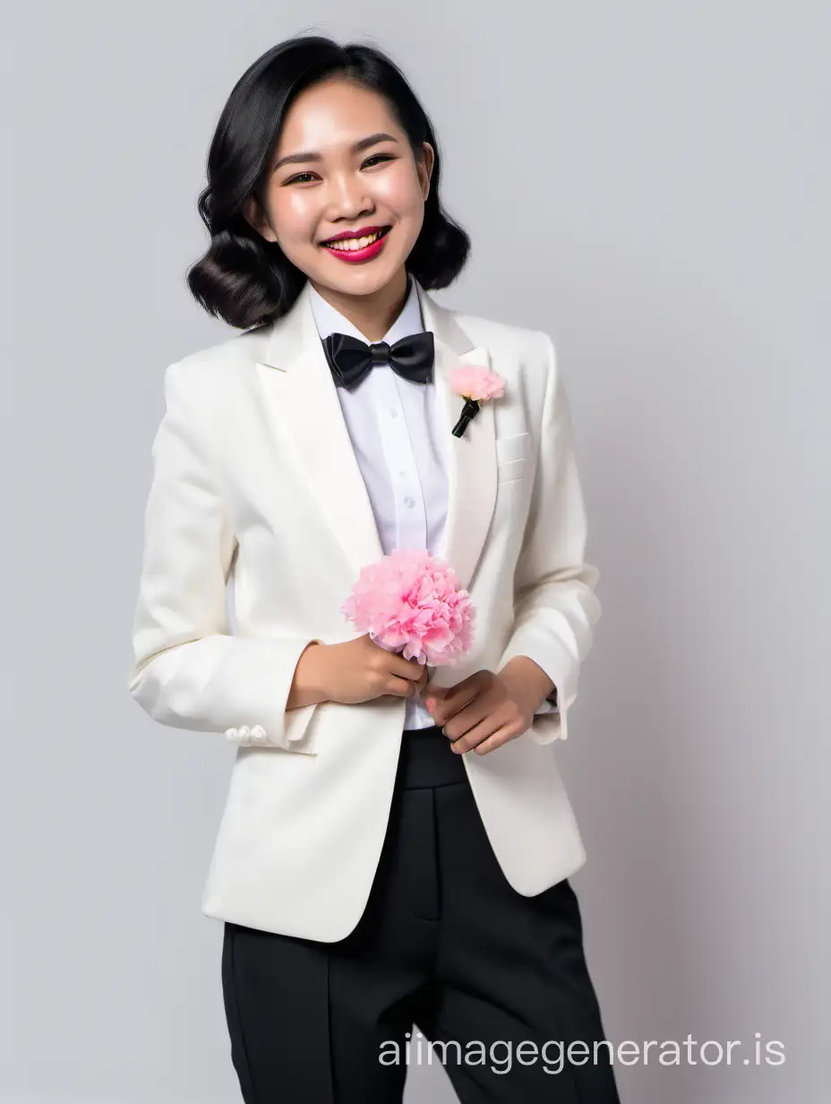 Elegant Thai Woman In Ivory Tuxedo With Pink Carnation Corsage 