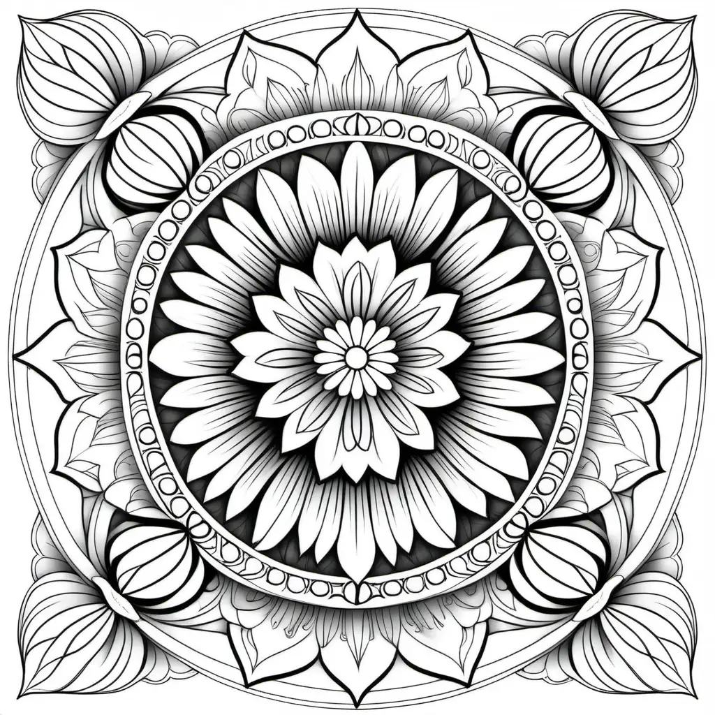 Floral Mandala Coloring Design with Symmetrical Blossoms