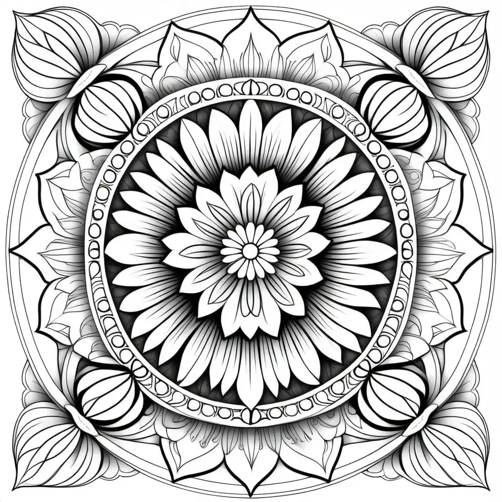 Craft a captivating floral mandala design suitable for coloring. Begin by centering the design around a floral motif or blossom. Embrace intricate and symmetrically arranged petals, leaves, and floral elements to form a balanced and engaging mandala pattern. Focus on creating clean and clear outlines that allow for easy coloring. Incorporate various flower types, such as roses, daisies, or lotuses, to add diversity and visual interest. Ensure the design provides ample space for creativity and coloring intricacies. Aim for a harmonious blend of floral elements, creating an engaging and relaxing coloring experience for enthusiasts.