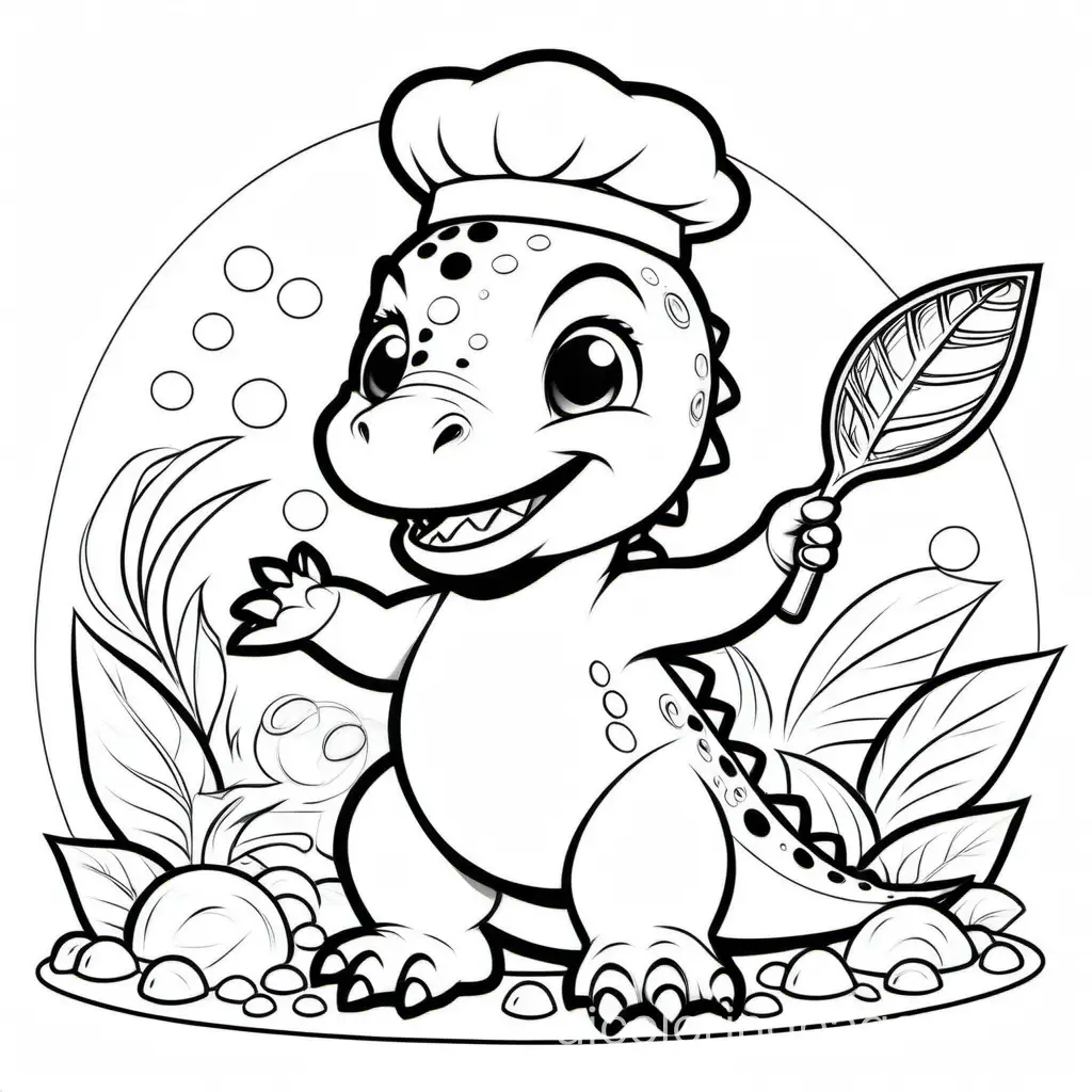 Baby dinosaur cook fish, Coloring Page, black and white, line art, white background, Simplicity, Ample White Space. The background of the coloring page is plain white to make it easy for young children to color within the lines. The outlines of all the subjects are easy to distinguish, making it simple for kids to color without too much difficulty