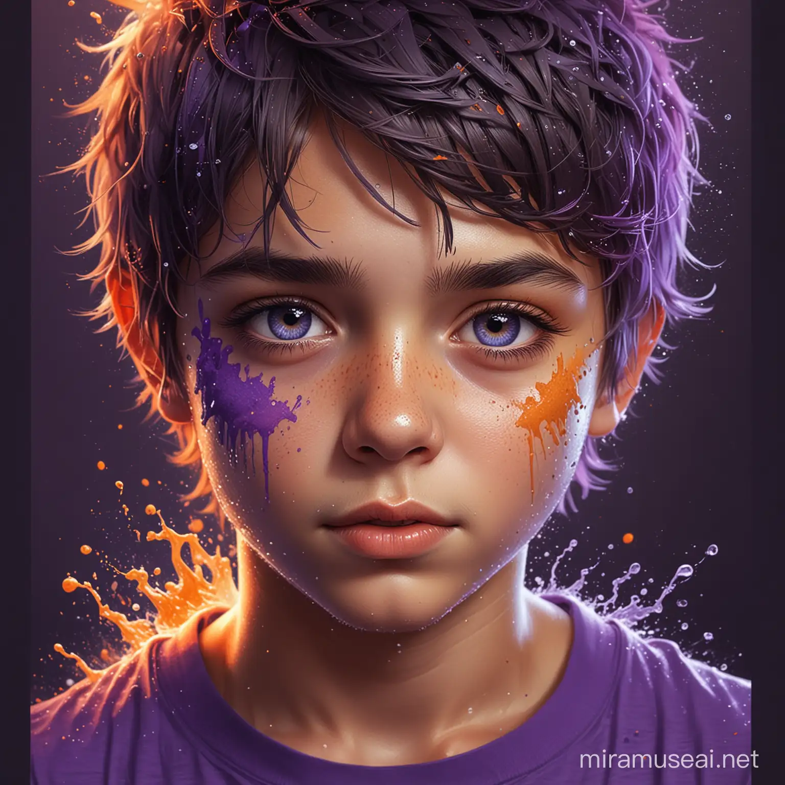 (a cute boy), Hyperdetailed Eyes, Tee-Shirt Design, Line Art, vibrant dark orange and purple gradient, Ultra Detailed Artistic, Detailed Gorgeous Face, Natural Skin, Water Splash, Color Splash Art, Fire and Ice, Splatter