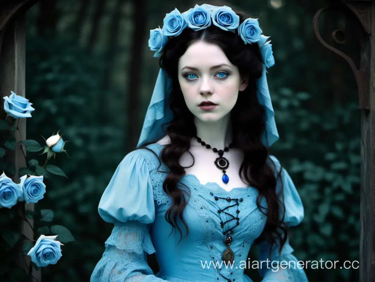 Красивая молодая женщина, бледная кожа, голубые глаза, темно-русые волосы, викторианская эпоха, эдвардианская эпоха, ведьма, кружево, украшения, светло-голубое платье эдвардианской эпохи, голубые розы