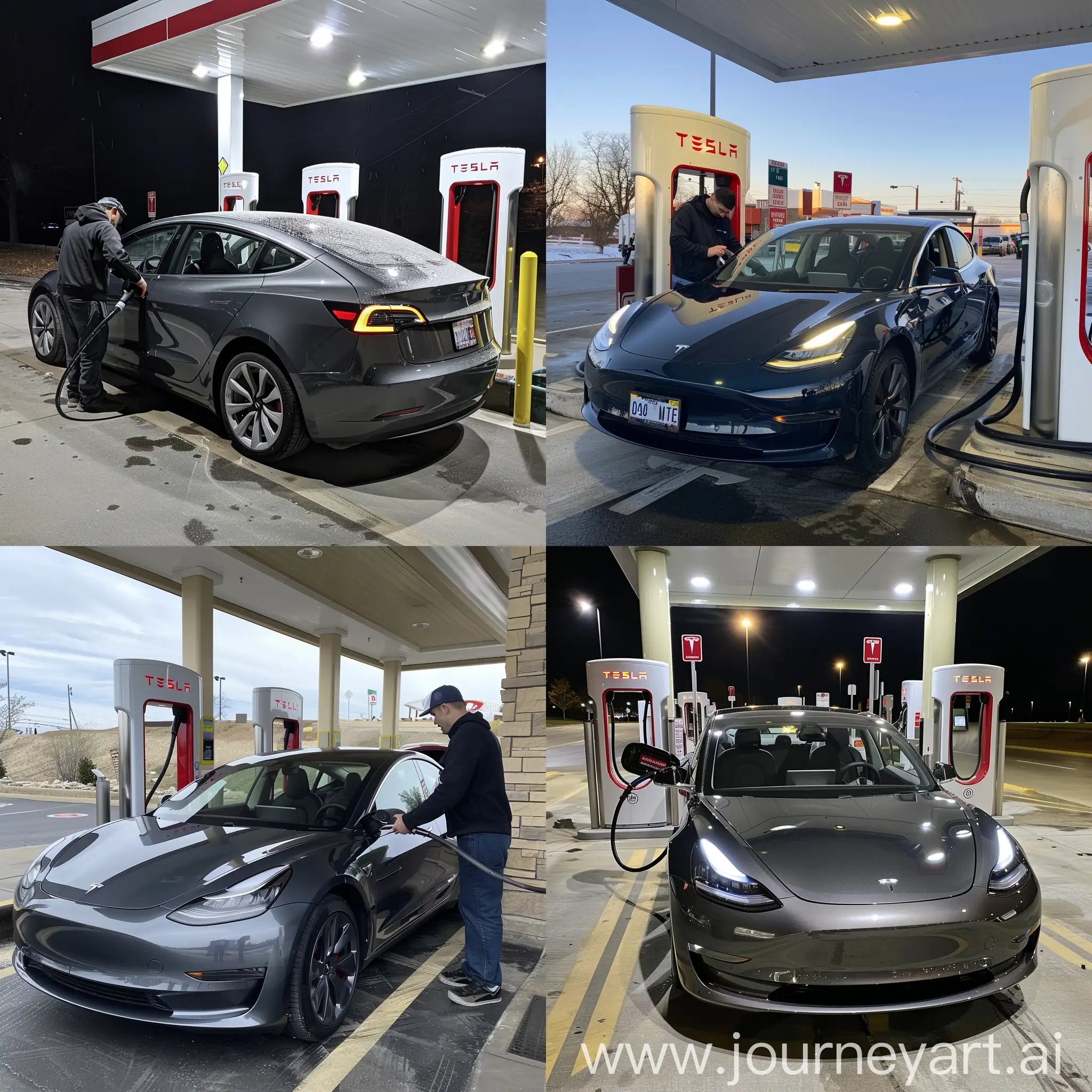 Tesla driver fueling his car at gas station 